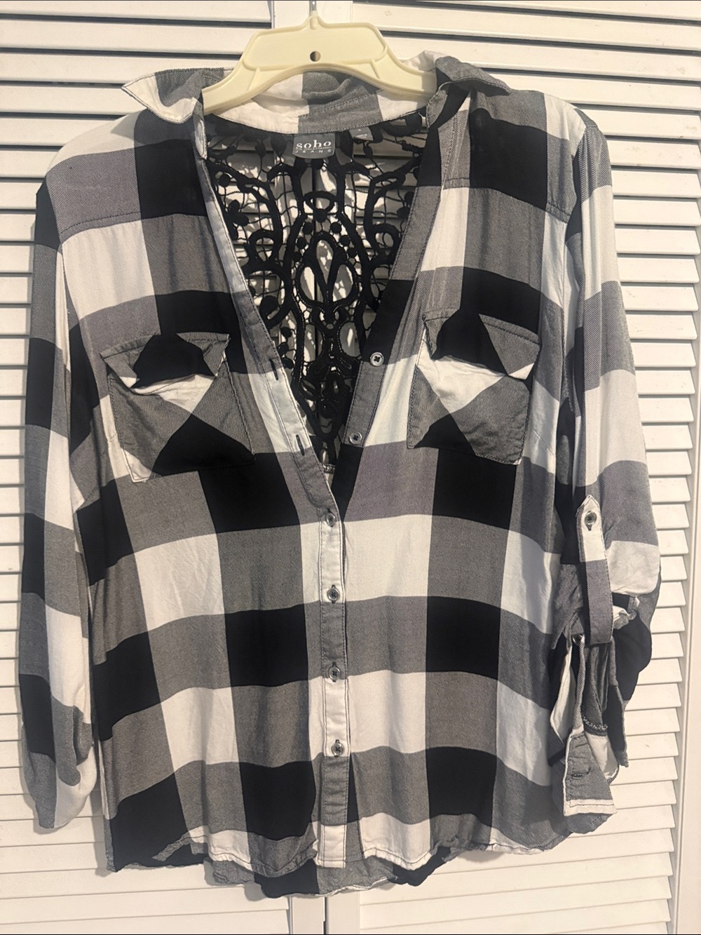 Soho Black & White Buffalo Plaid Shirt with Crochet Back New York and Company